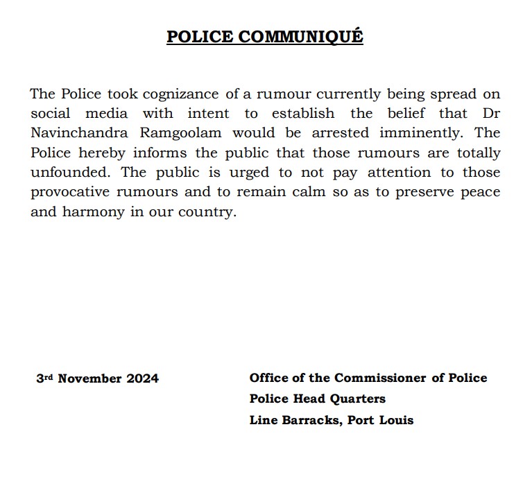 La police dément les rumeurs sur une arrestation imminente du Dr Navinchandra Ramgoolam La police dément les rumeurs sur une arrestation imminente du Dr Navinchandra Ramgoolam