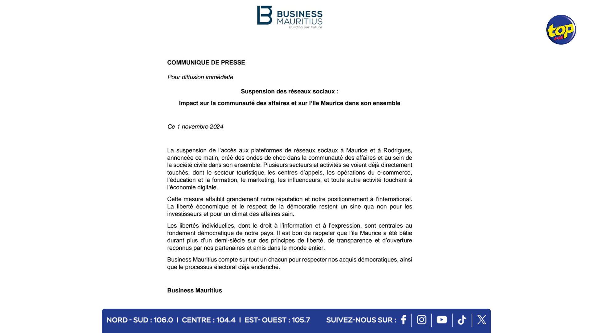 Suspension de l’accès aux réseaux sociaux : Cette mesure affaiblit grandement notre réputation et notre positionnement à l’international, indique Business Mauritius dans un communiqué